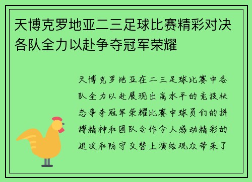 天博克罗地亚二三足球比赛精彩对决各队全力以赴争夺冠军荣耀