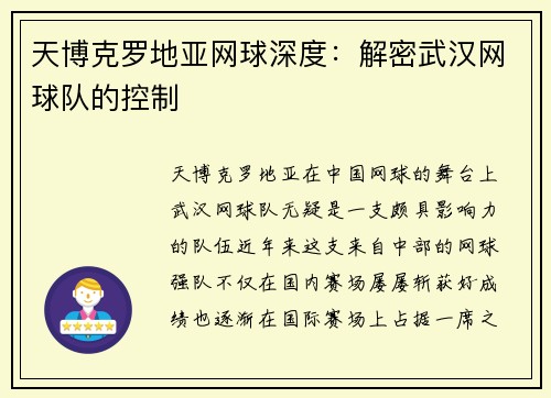天博克罗地亚网球深度：解密武汉网球队的控制