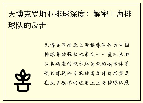 天博克罗地亚排球深度：解密上海排球队的反击