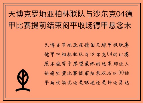 天博克罗地亚柏林联队与沙尔克04德甲比赛提前结束闷平收场德甲悬念未定
